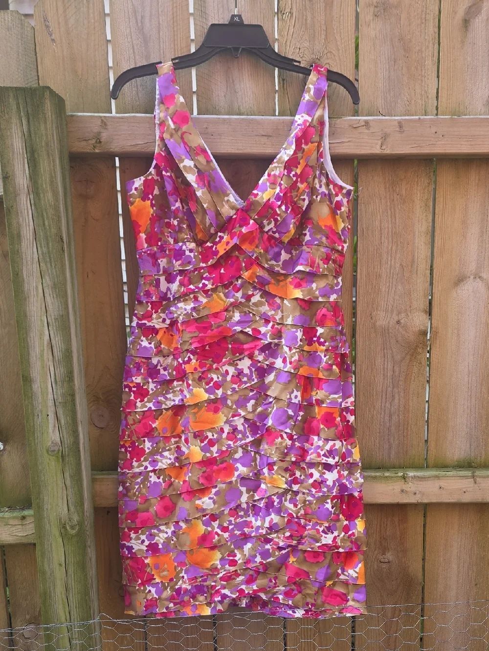 Jones Wear Floral Ruching V-Neck Mini Dress in Pink, Purple & Orange